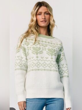 Women's Crewneck Fair Isle Sweater in Sage and White